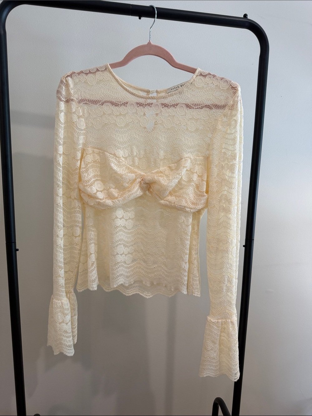 Women's Cream Lace Long-Sleeve Tie-Front Blouse — Elegant Stretch Lace Top